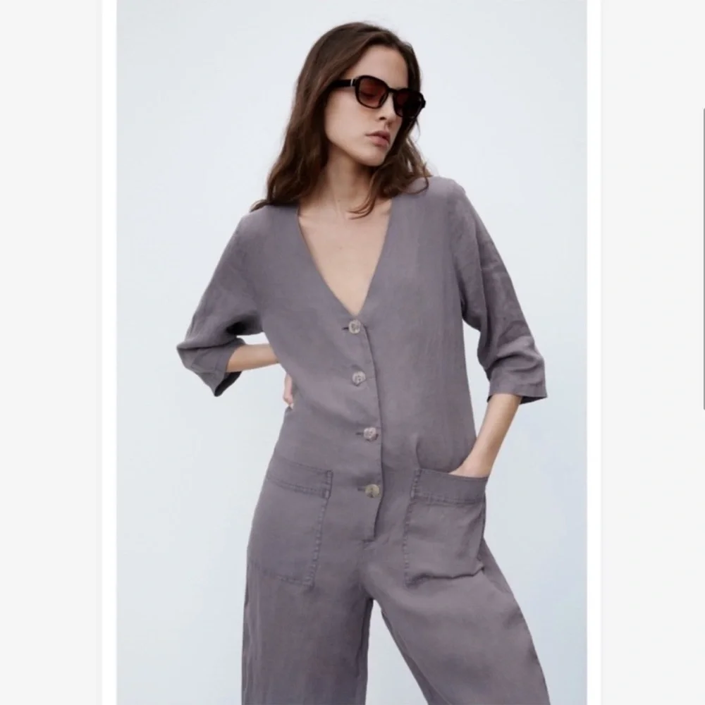 ZARA NEW The Lillian Gray 100% Linen ButtonFront Jumpsuit Small